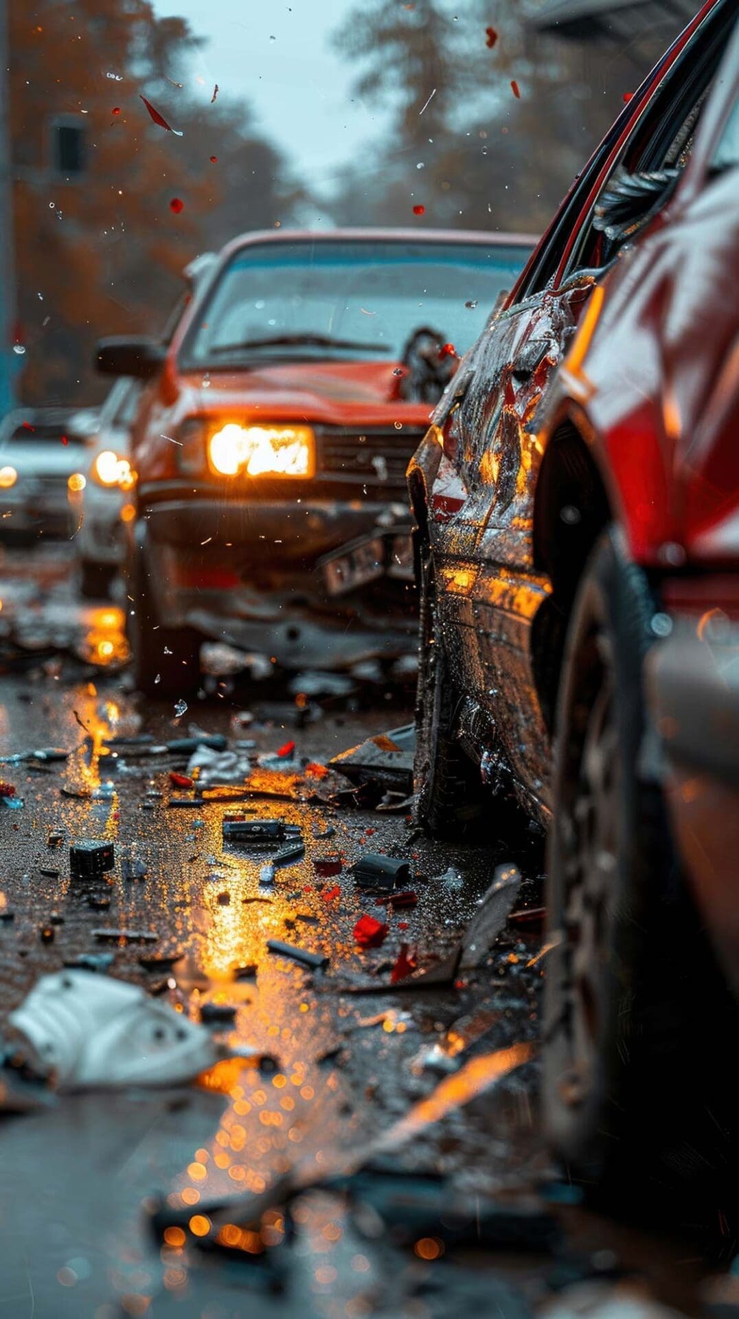 DUI Accidents - Two cars showing severe damage after a collision on a wet road DUI Accidents - Two cars showing severe damage after a collision on a wet road
