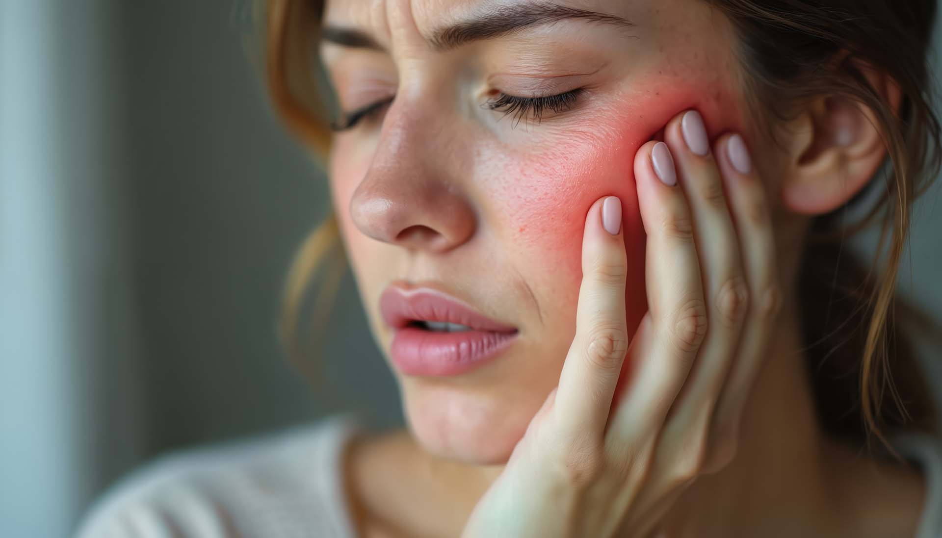 Close-up of woman holding cheek experiencing facial pain. Redness on face. Touching sensitive skin. Dental issues. Migraine symptom. Inflammation. Health problem, medical condition. Unhappy car accident